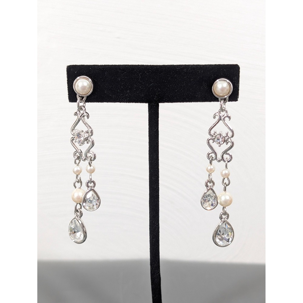 Monet Silver‎ Tone Rhinestone Faux Pearl Chandelier Drop Earrings